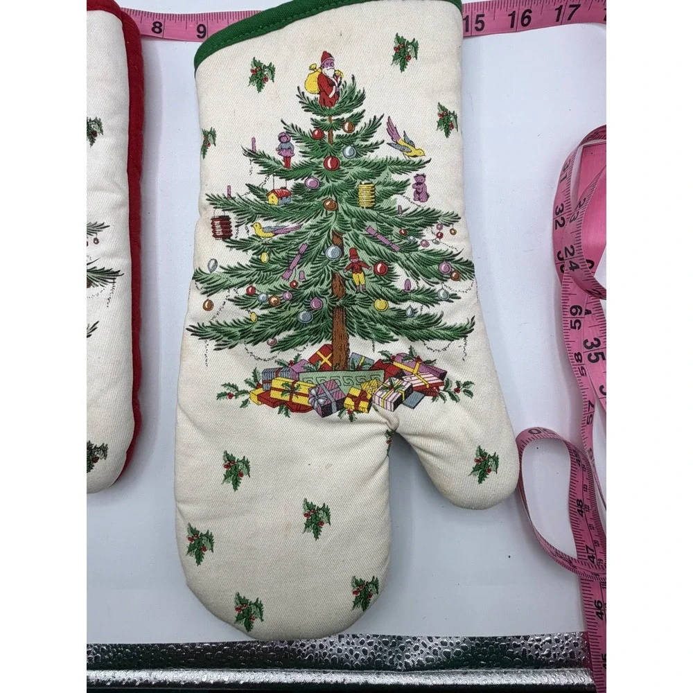 Spode‎ Christmas Tree Oven Mitts Set 2 Vintage 1990s Holiday Quilted Red Green